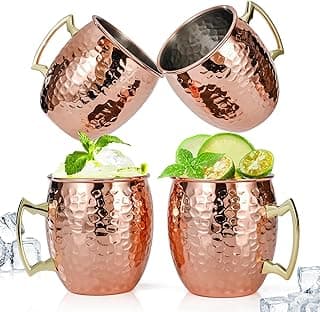 Amrules Moscow Mule Mugs Set of 4, 16 OZ Hammered Copper Cups with 304 Stainless Steel Lining and Gold Brass Handles, for Cold Drinks, Beer...