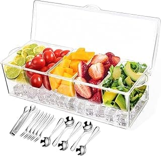 Condiment Tray with Stainless Steel 5 Spoons, 5 Forks and 1 Clip, Chilled Condiment Server, Condiment Server, Bar Garnish Holder on Ice, Ba...