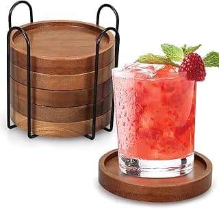 6 Pcs Best Wooden Coasters with Holder Coffee Table Decor Acacia Wood Coaster Set Modern Cup Coaster for Drink Home Dining Table Kitchen Ac...