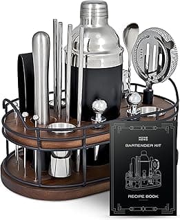 Home Hero Bartender Kit - 22-Piece Cocktail Shaker & Bar Tool Set - Wooden Stand Display & Bar Cart Accessories - Recipe Book & Housewarmin...