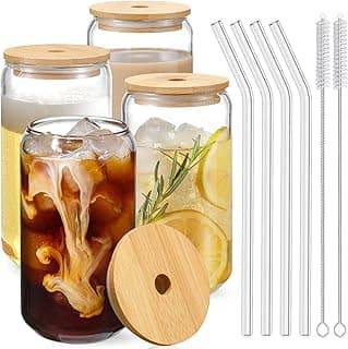 Drinking Glasses with Bamboo Lids and Glass Straw 4pcs Set - 16oz Glass Cups, Iced Coffee Glasses, Cute iced Tea Glasses, Beer Glasses, Ide...